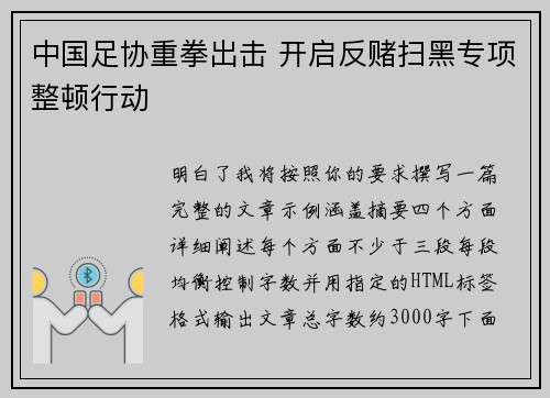 中国足协重拳出击 开启反赌扫黑专项整顿行动